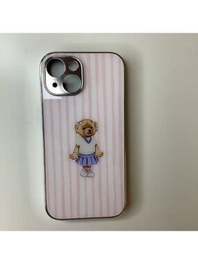 Teddy Bear iPhone 15 Case, Striped Pink And White With Girl Bear. New